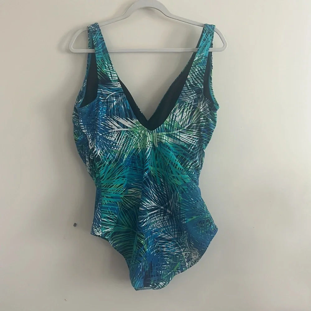 LL Bean Tropical Palm‎ One Piece Swimsuit Sz 18 UPF 40 vacation beach summer